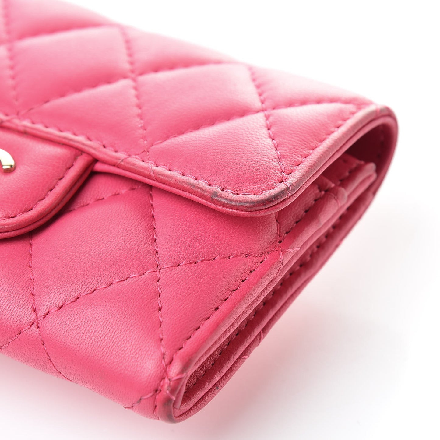 Lambskin Quilted Flap Card Holder Dark Pink