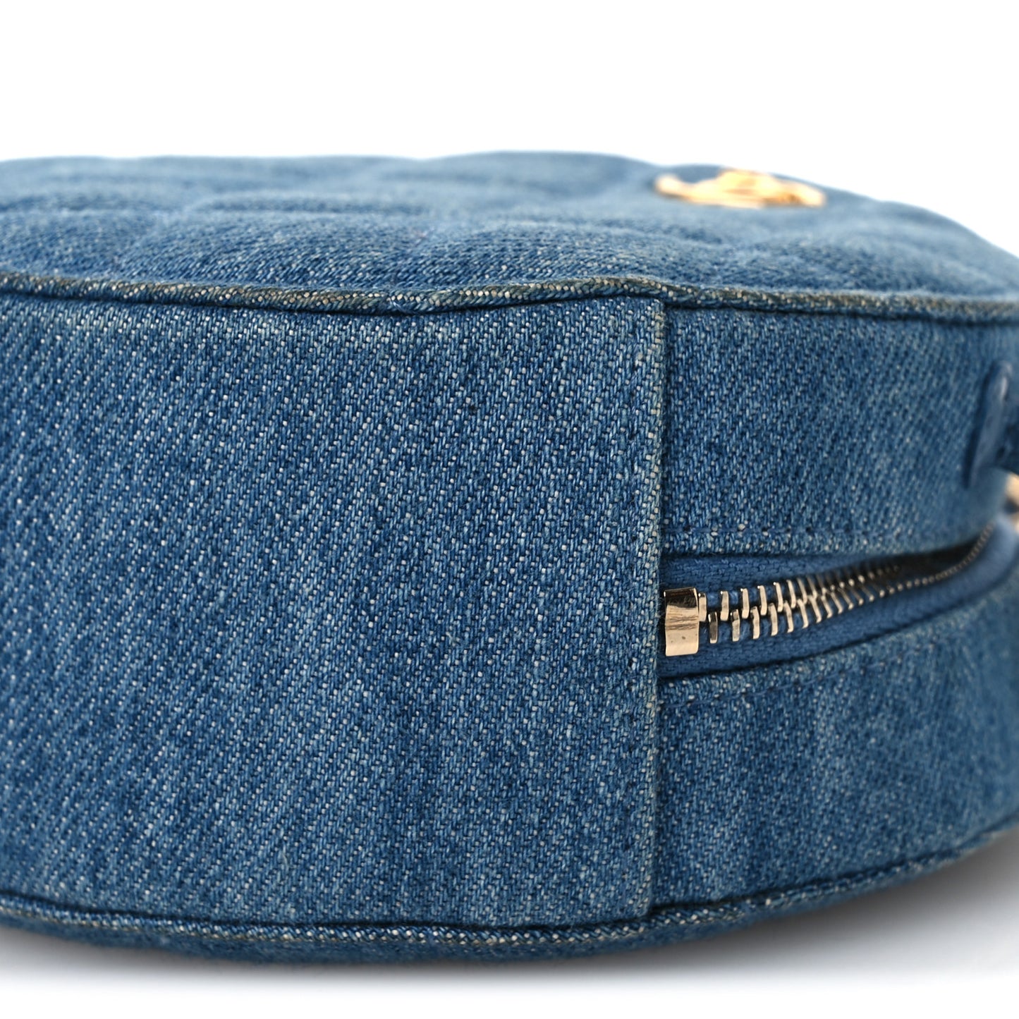 Denim Quilted Round Pearl Crush Clutch With Chain Blue