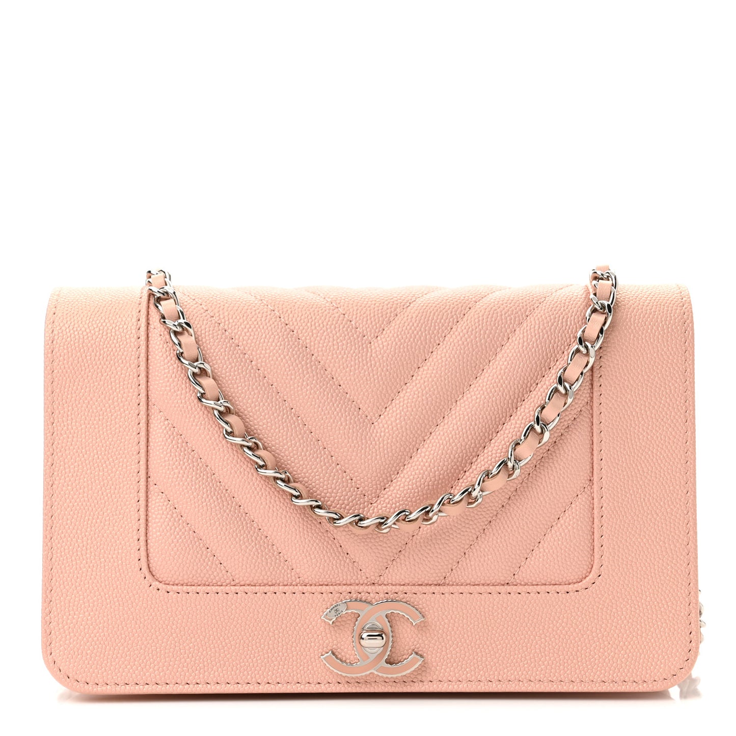 Metallic Caviar Quilted Vintage Mademoiselle Wallet On Chain WOC Light Pink