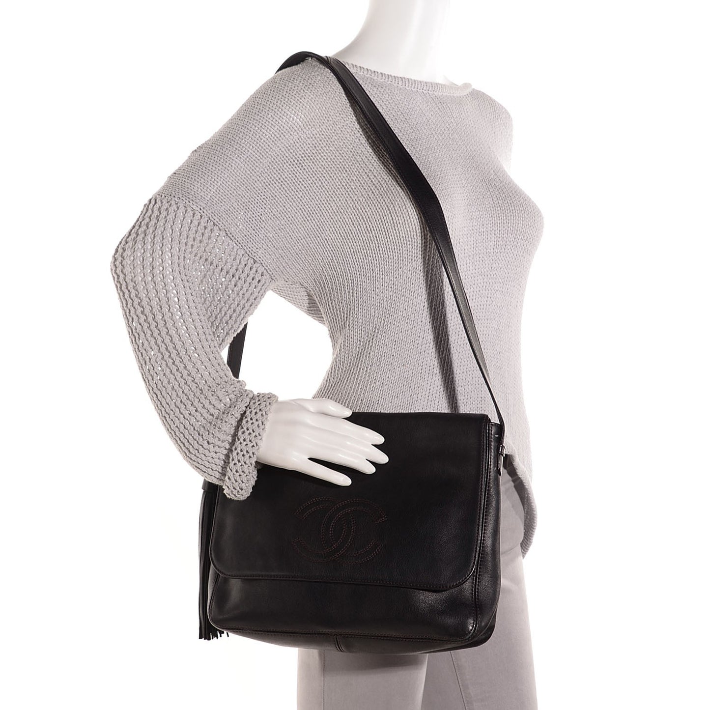 Lambskin CC Tassel Shoulder Flap Bag Black