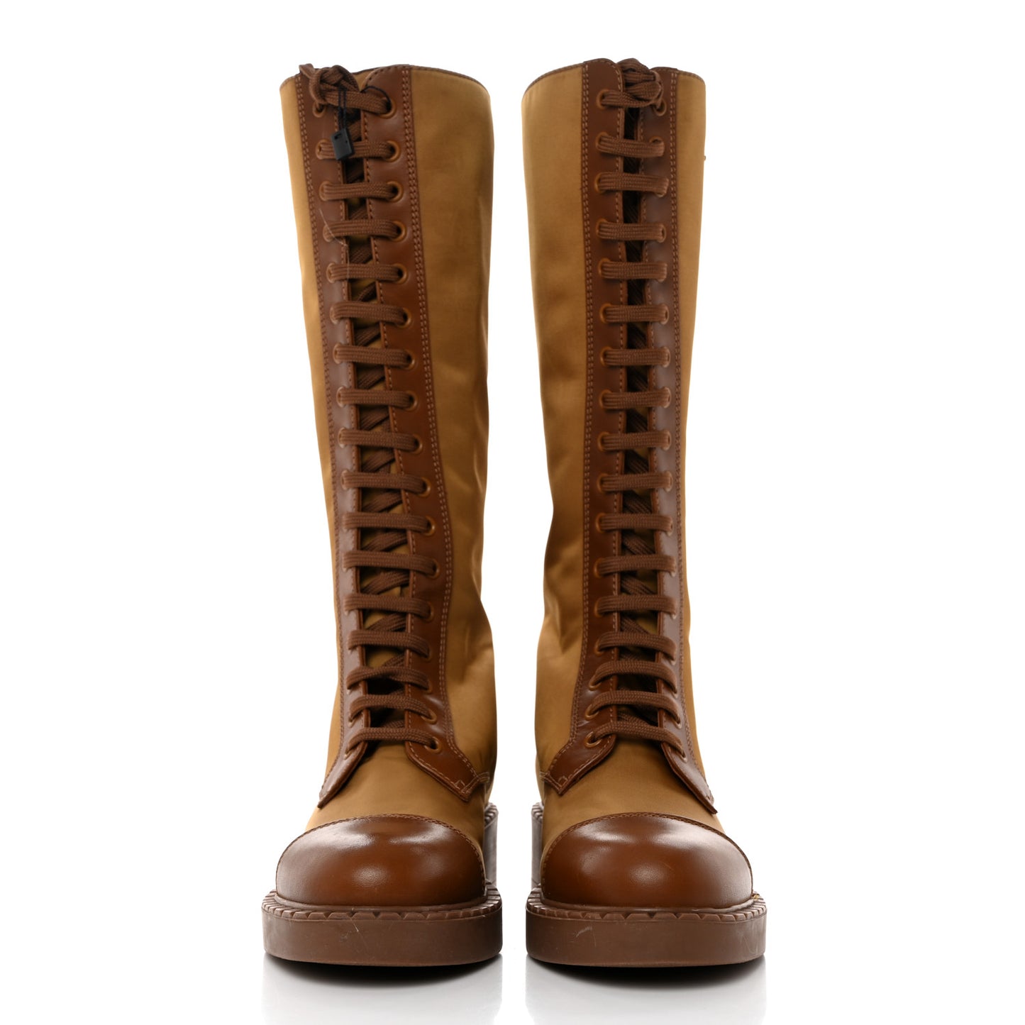 Re-Nylon Spazzolato Rois Metal Triangle Logo Tall 50mm Combat Boots 36 Tobacco Brown