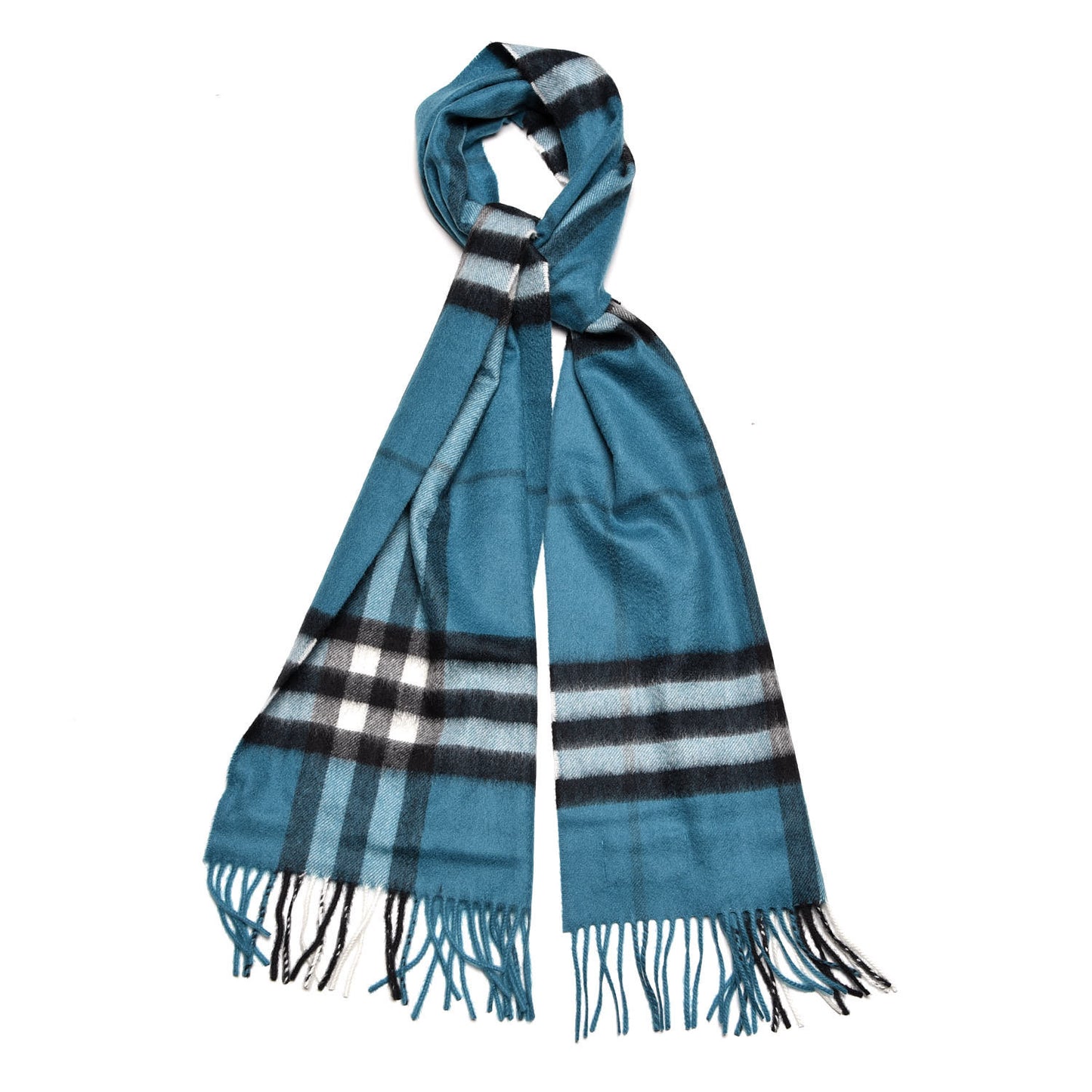 Cashmere Giant Check Fringe Scarf Dark Aqua