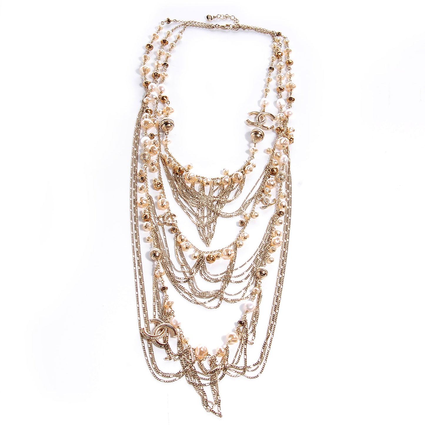 Crystal Pearl CC Stacked Necklace Gold