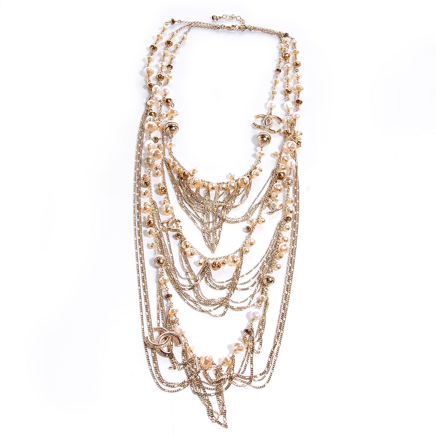 Chanel Crystal Pearl CC Stacked Necklace Gold 1 of 6