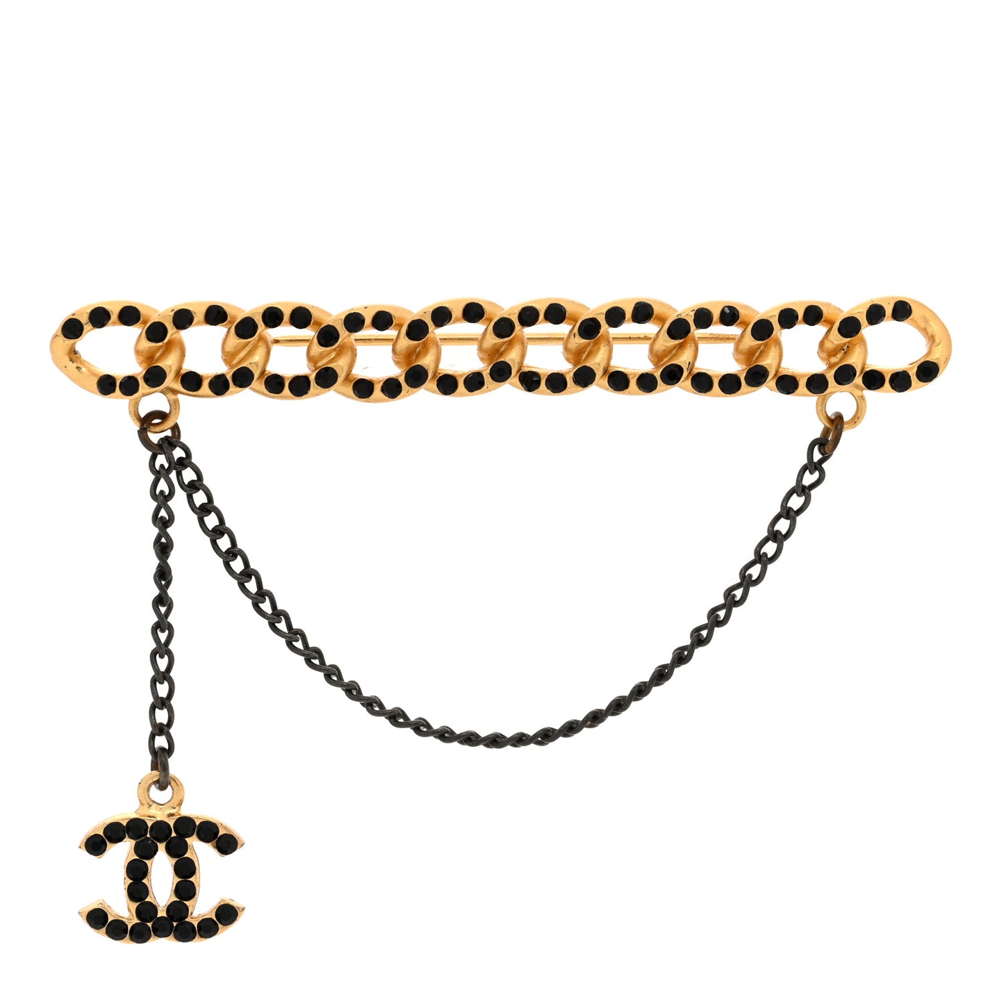 Metal Crystal CC Link Chain Brooch Gold Black