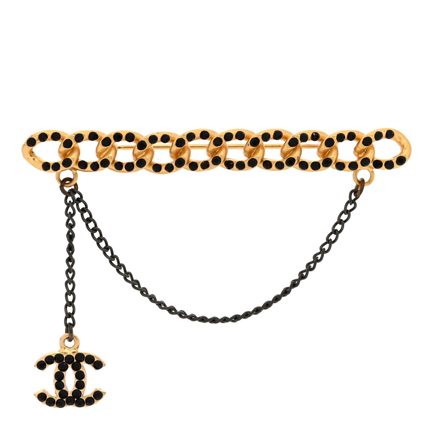 Chanel Metal Crystal CC Link Chain Brooch Gold Black 1 of 3