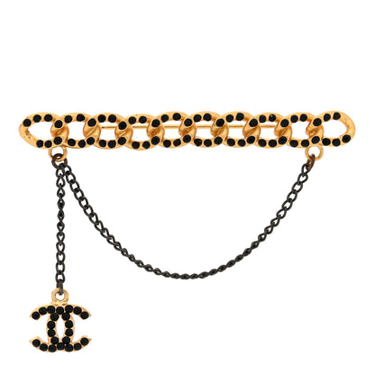 Chanel Metal Crystal CC Link Chain Brooch Gold Black 1 of 3