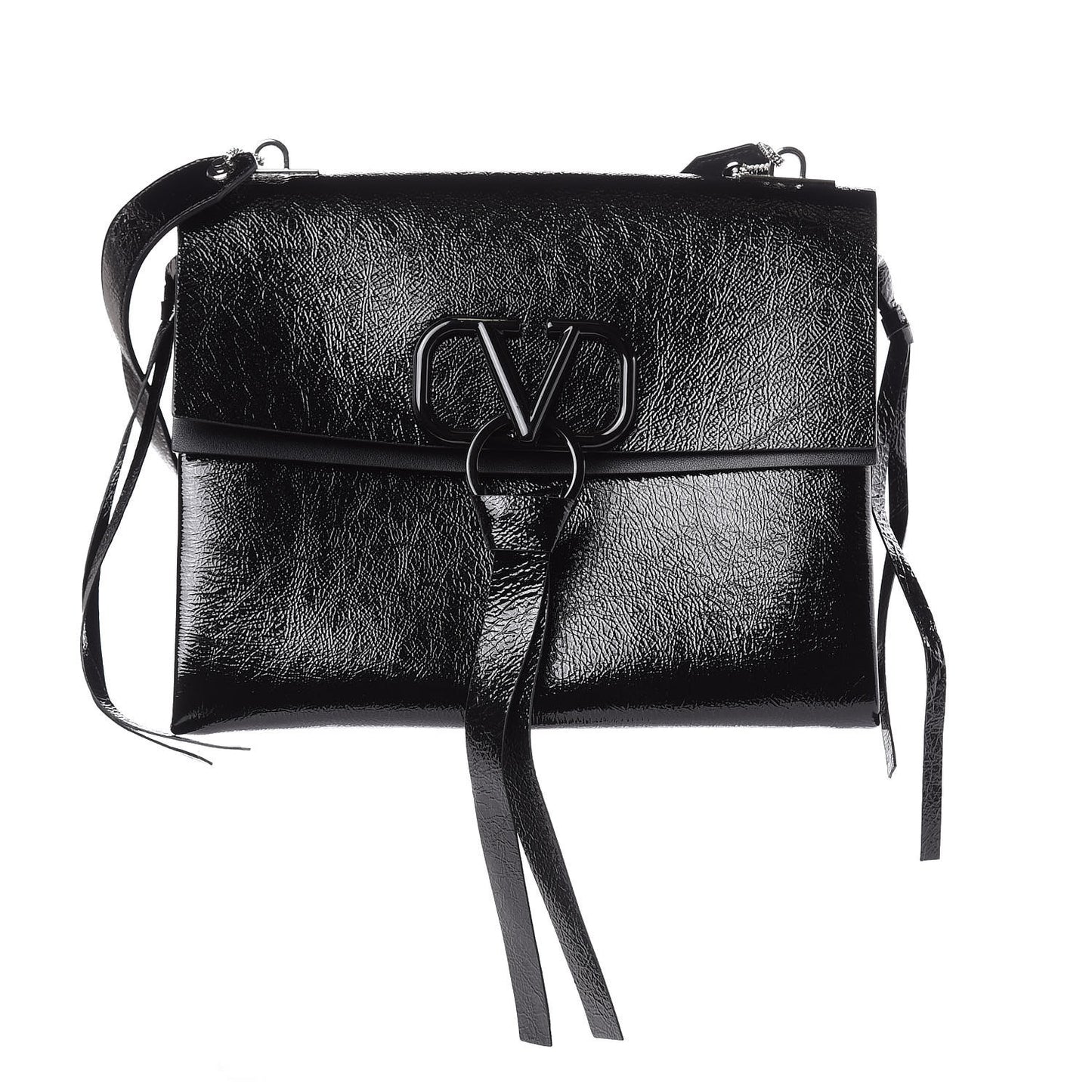 Textured Patent Calfskin Medium Vring Shoulder Bag Black