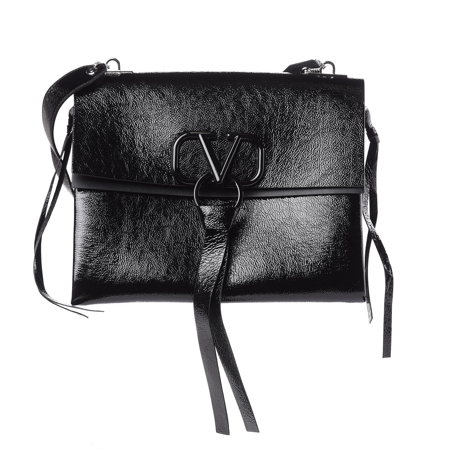Valentino Garavani Textured Patent Calfskin Medium Vring Shoulder Bag Black 1 of 11
