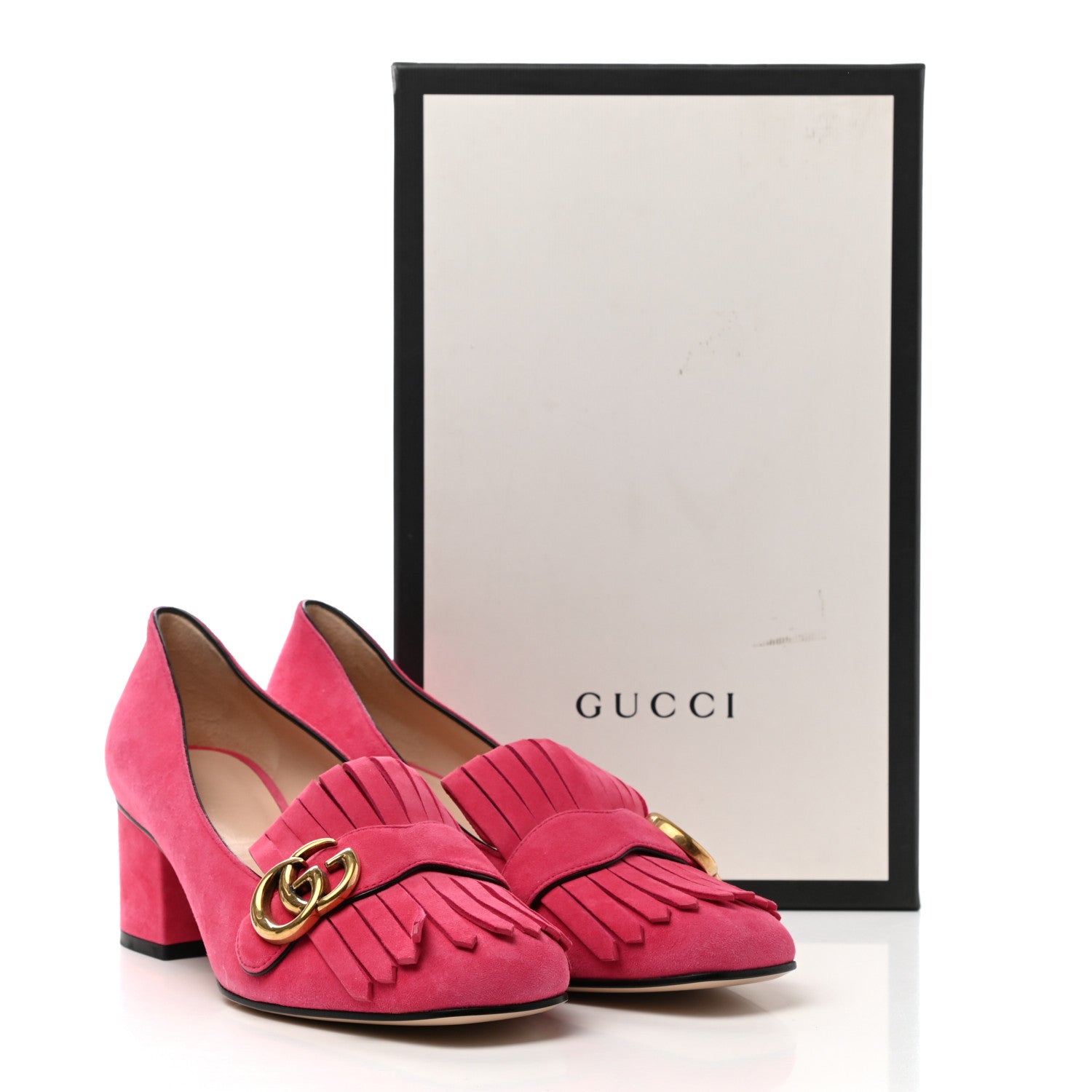 Gucci Kid Scamosciato GG Marmont Fringe 50mm Loafer Pumps 39 Hot Pink 10 of 10