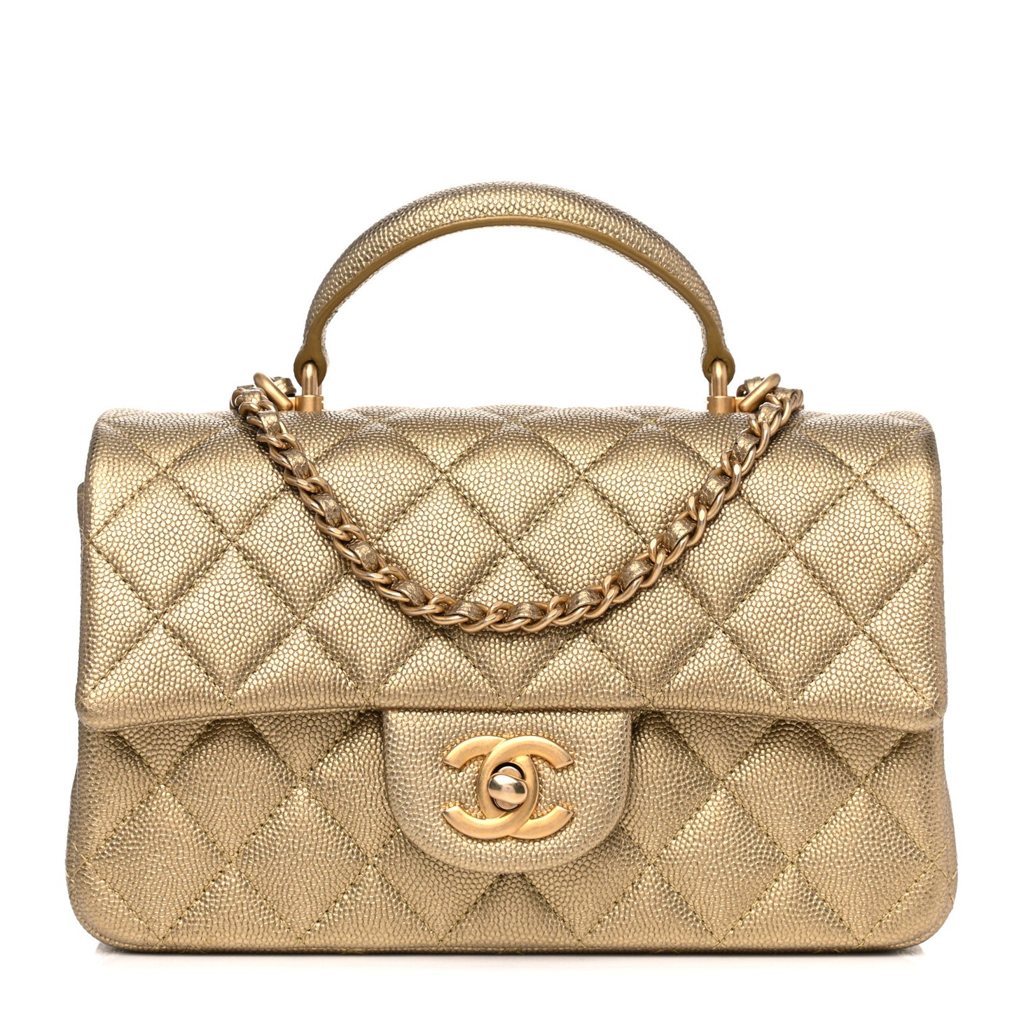 Metallic Caviar Quilted Mini Top Handle Rectangular Flap Gold