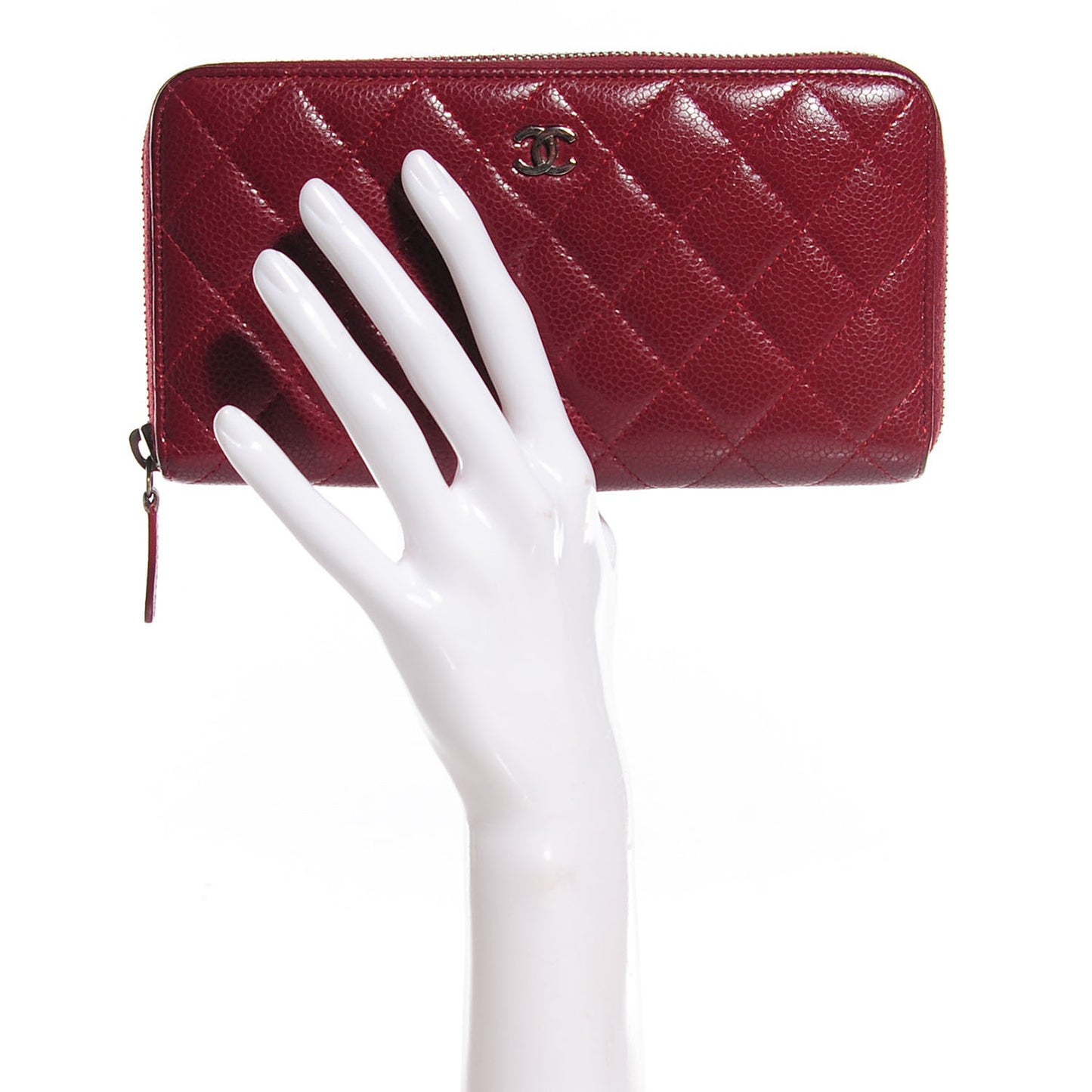 Caviar Quilted Large Gusset Zip Around Wallet Dark Red
