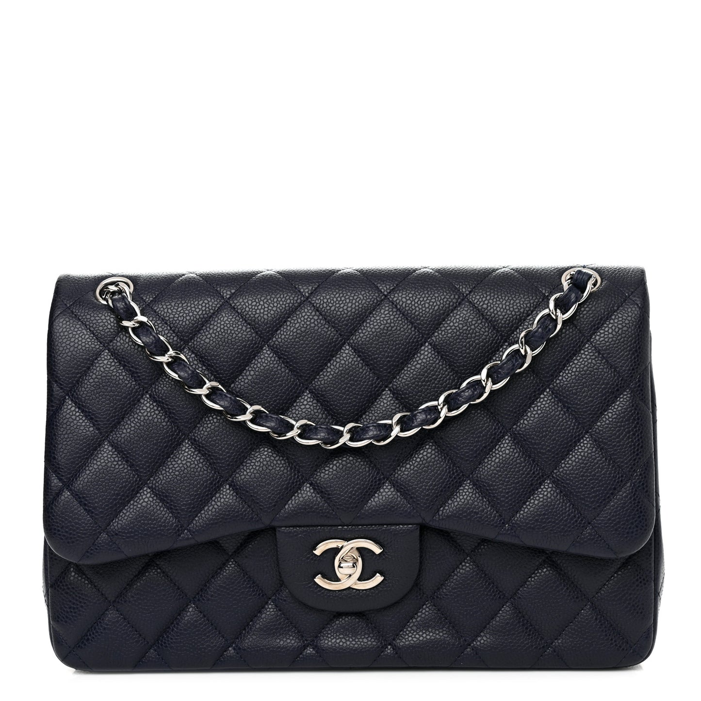 Caviar Quilted Jumbo Double Flap Navy Blue