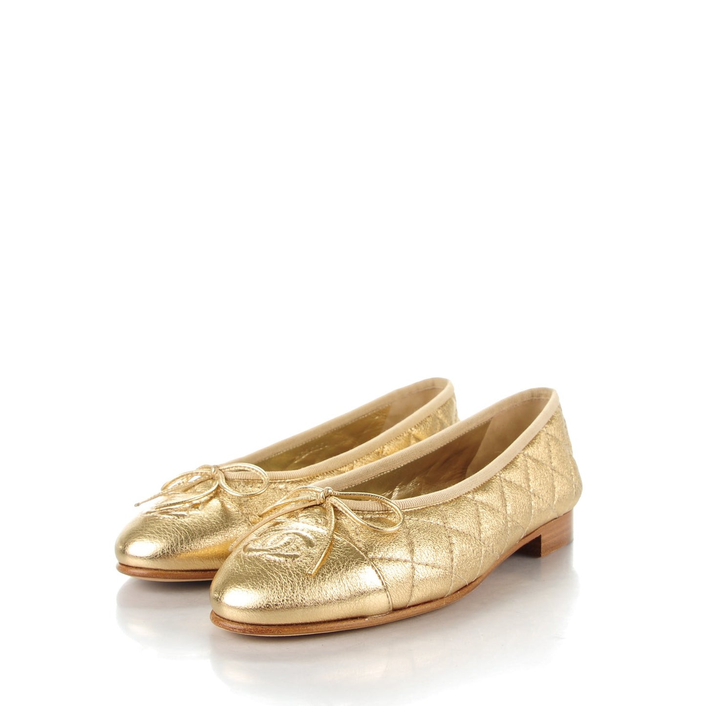 Metallic Lambskin Quilted CC Cap Toe Ballet Flats 35 Gold