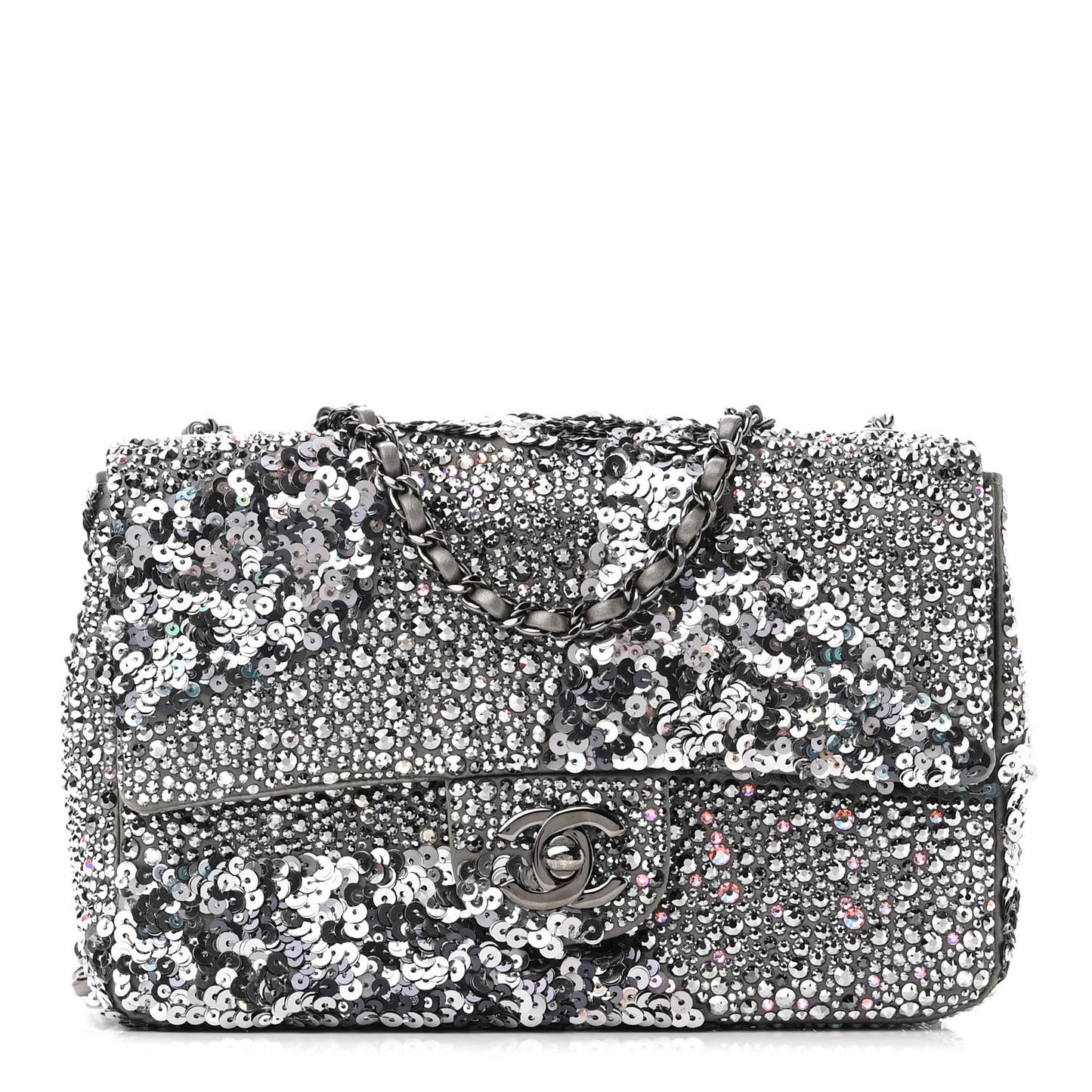 Lambskin Sequin Crystal Diamante Mini Flap Silver