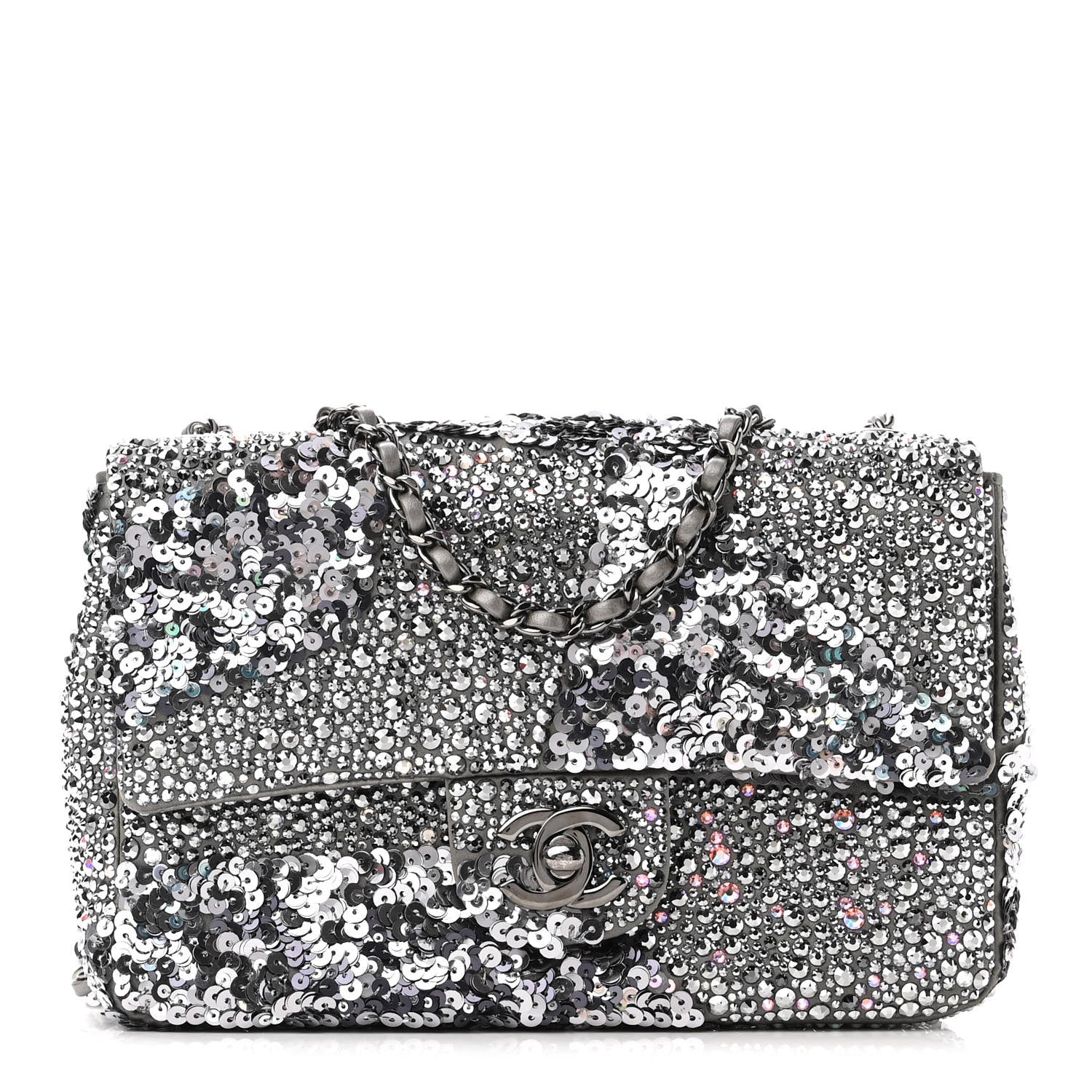 Chanel Lambskin Sequin Crystal Diamante Mini Flap Silver 1 of 10