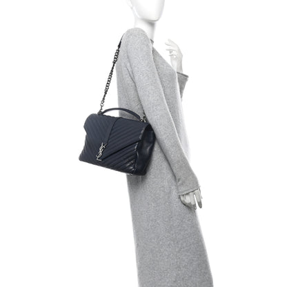 Saint Laurent Sheepskin Matelasse Chevron Monogram Large College Satchel Deep Marine 2 of 9
