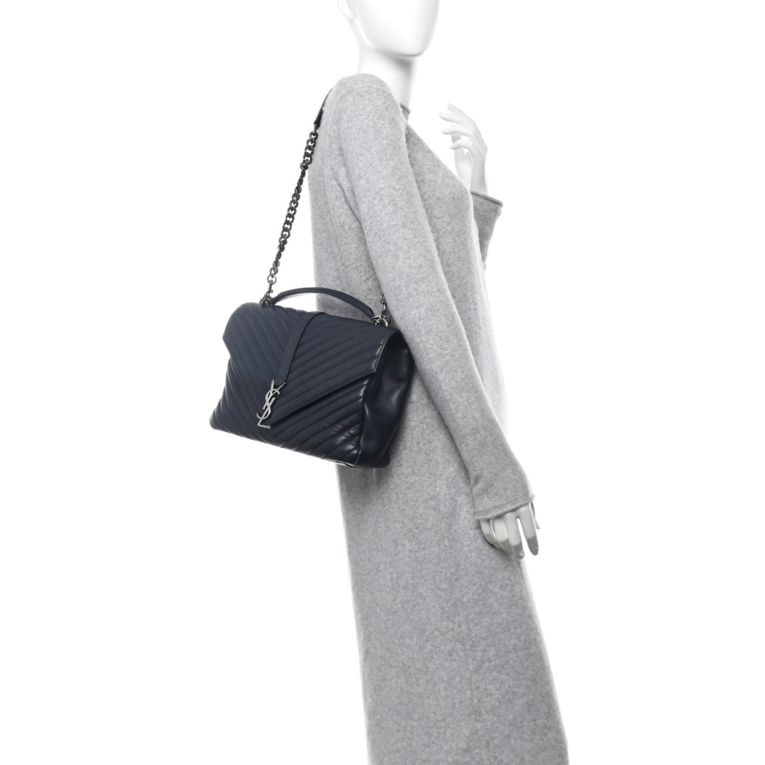 Saint Laurent Sheepskin Matelasse Chevron Monogram Large College Satchel Deep Marine 2 of 9