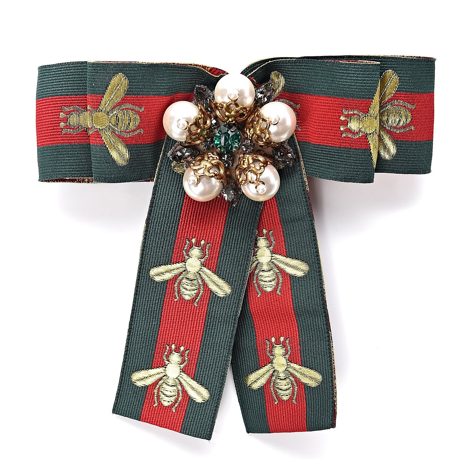 Gucci Ribbon Web Bow Bee Pearl Brooch Red Green 1 of 5