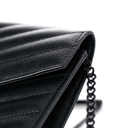 Saint Laurent Grain De Poudre Matelasse Chevron Monogram Monochrome Envelope Chain Wallet Black 18 of 18