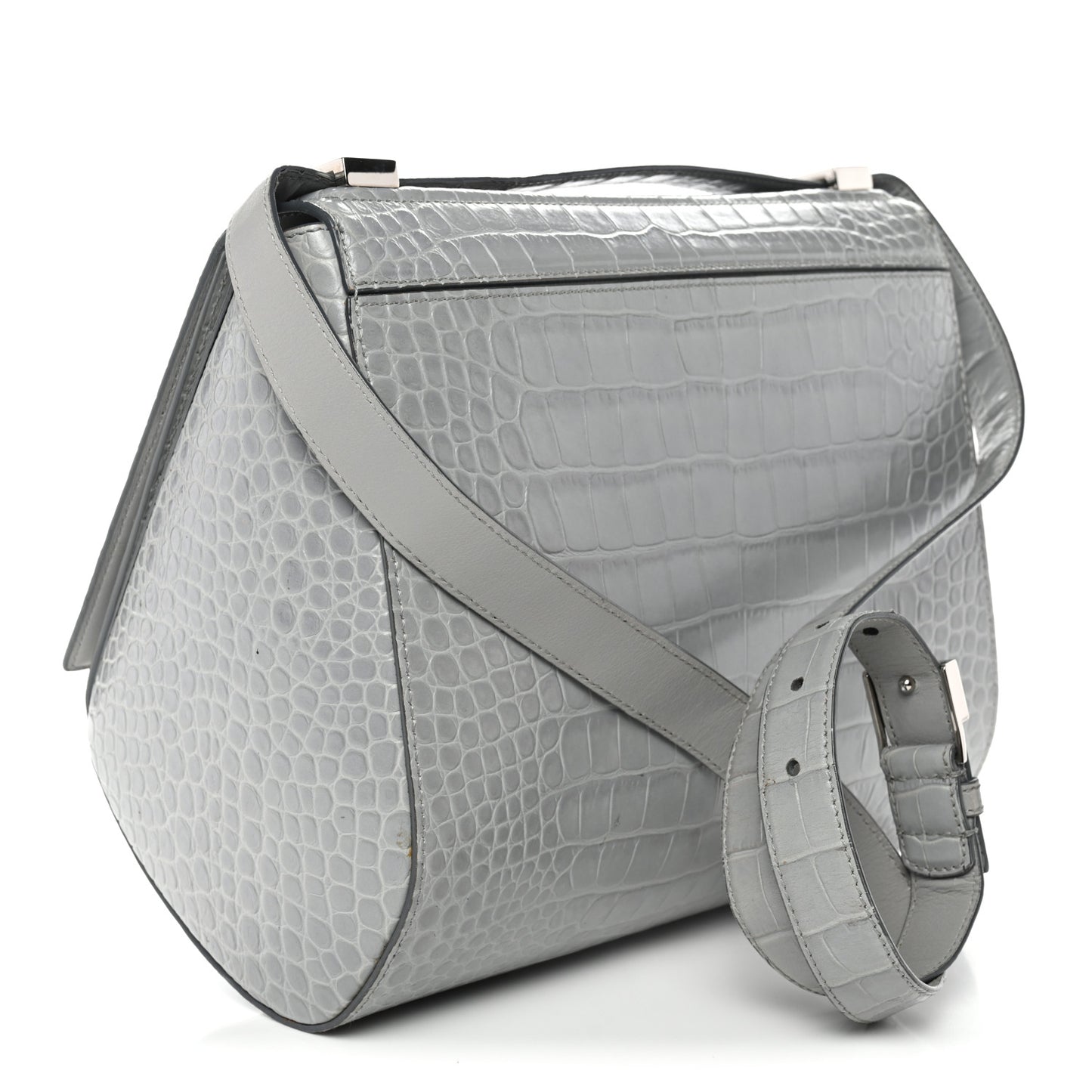 Calfskin Crocodile Embossed Medium Pandora Box Crossbody Bag Grey