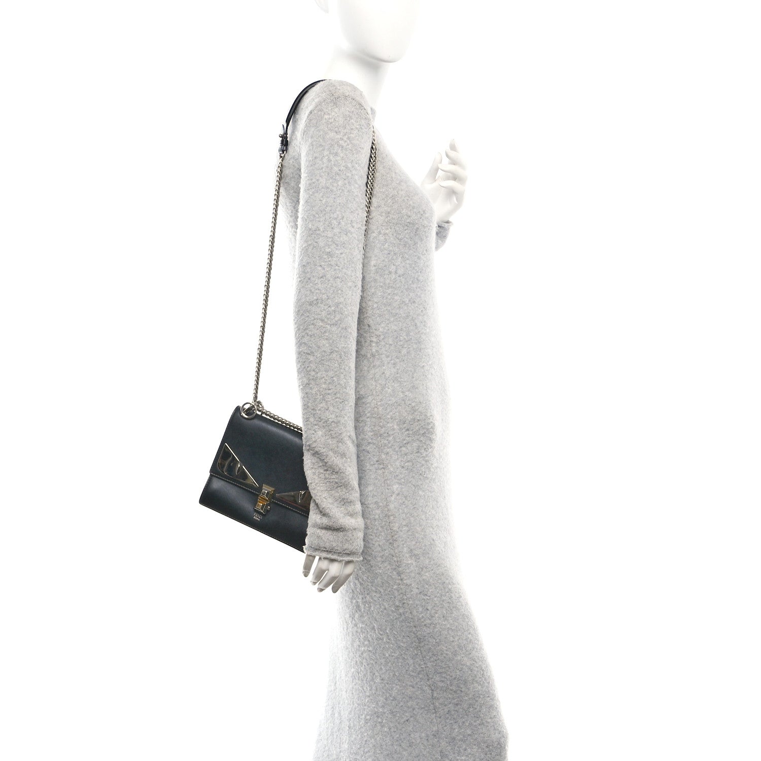 Fendi Vitello Liberty Lucido Metal Monster Eyes Studded Small Kan I Shoulder Bag Black 2 of 10
