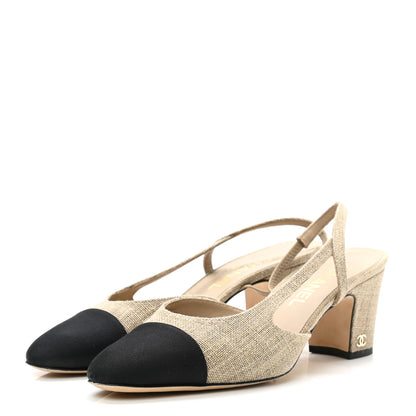 Chanel Fabric Grosgrain Cap Toe CC Slingback Pumps 38.5 Dark Beige Black 3 of 9