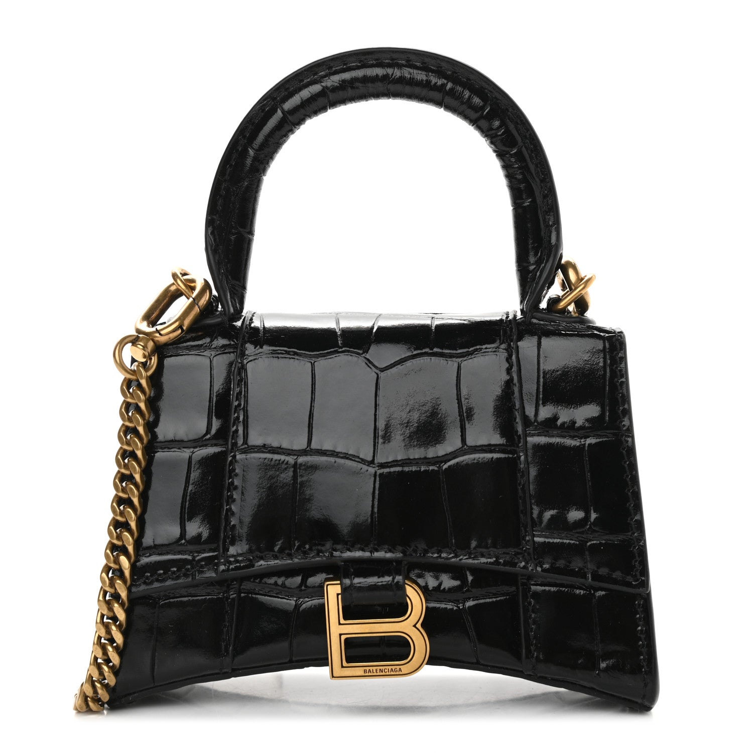 Balenciaga Shiny Calfskin Crocodile Embossed Hourglass Top Handle Bag Mini with Chain Black 1 of 8