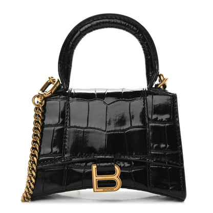 Balenciaga Shiny Calfskin Crocodile Embossed Hourglass Top Handle Bag Mini with Chain Black 1 of 8
