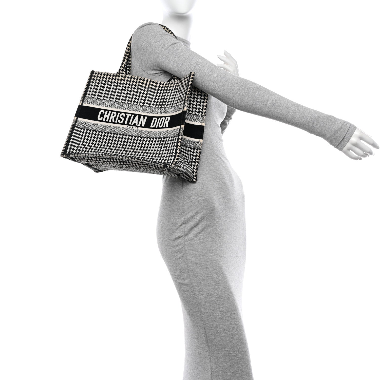 Christian Dior Canvas Houndstooth Embroidered Medium Book Tote Black White 2 of 27