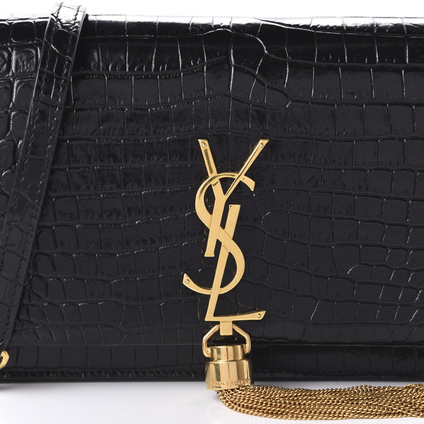 Calfskin Crocodile Embossed Kate Monogram Tassel Chain Wallet Black