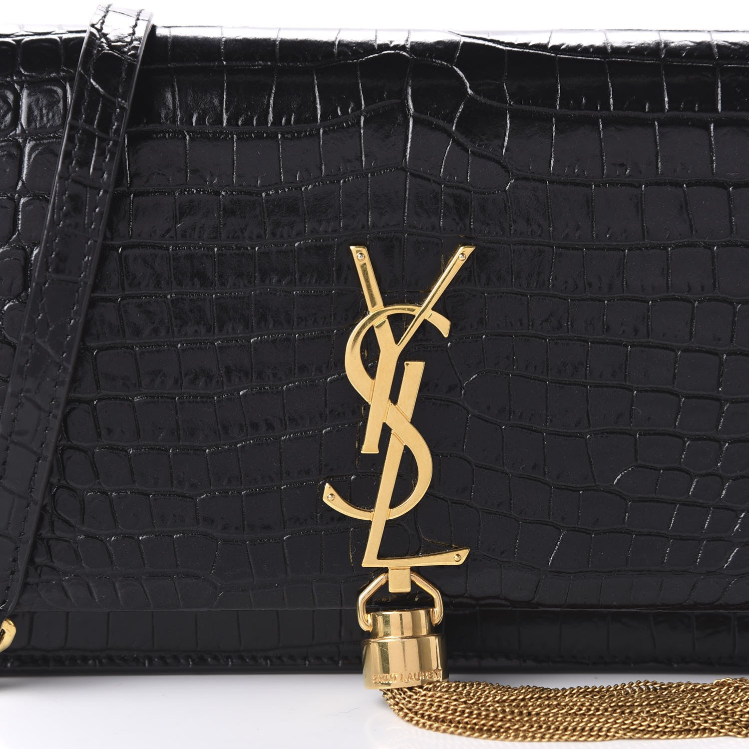 Saint Laurent Calfskin Crocodile Embossed Kate Monogram Tassel Chain Wallet Black 9 of 9