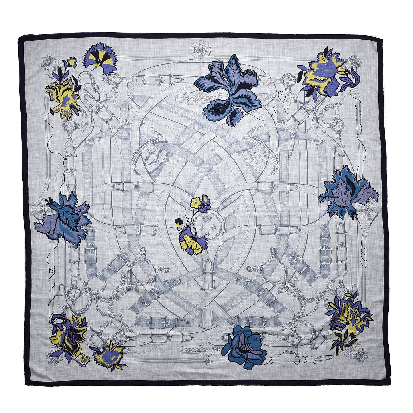 Cashmere Silk Cavalcadour Shawl 140 Gris Chine Juane Marine