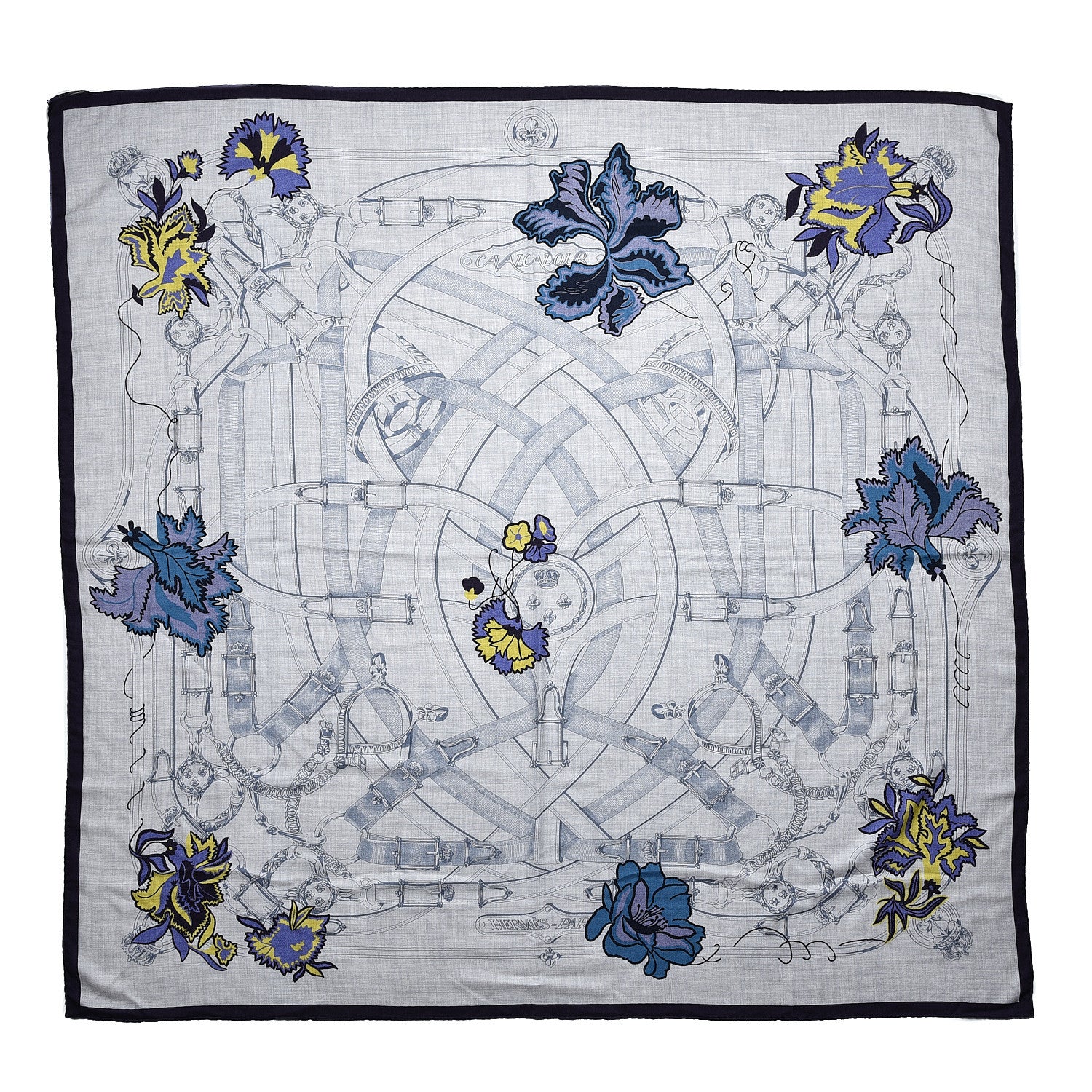 Hermes Cashmere Silk Cavalcadour Shawl 140 Gris Chine Juane Marine 1 of 6