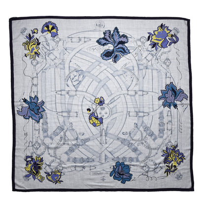 Hermes Cashmere Silk Cavalcadour Shawl 140 Gris Chine Juane Marine 1 of 6
