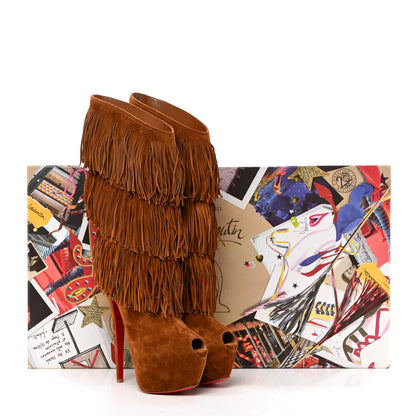 Christian Louboutin Suede Highness Tina Fringe Platform Peep Toe Boots 37.5 Brown 8 of 8