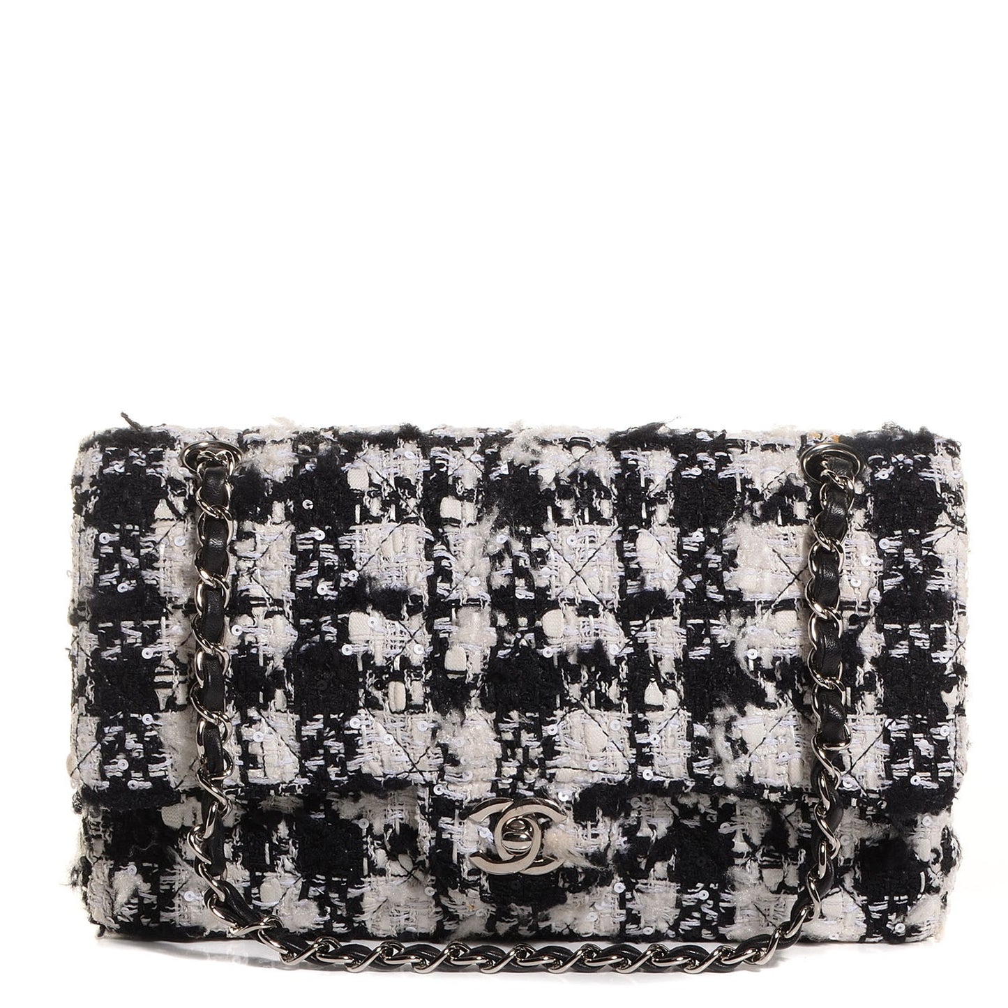 Tweed Medium Double Flap Black White