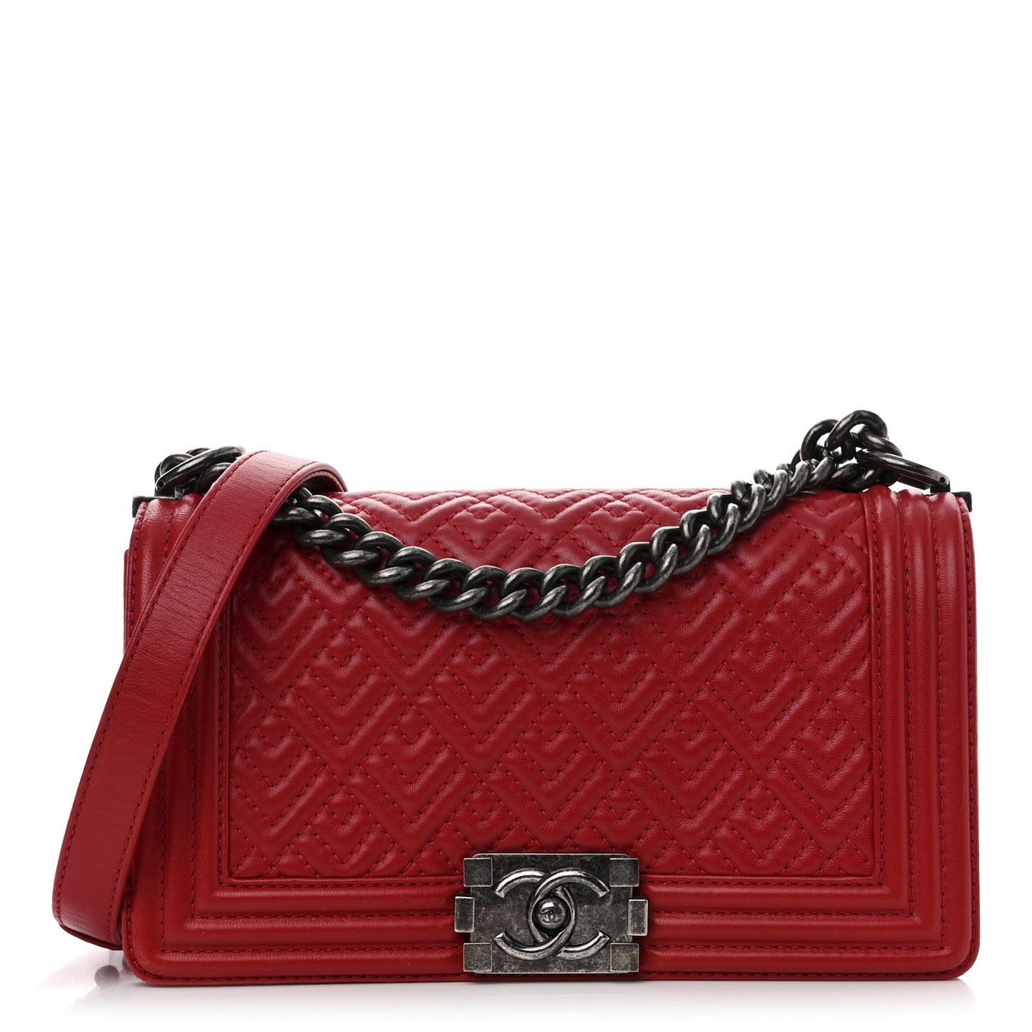 Lambskin Geometric Chevron Quilted Medium Boy Flap Red
