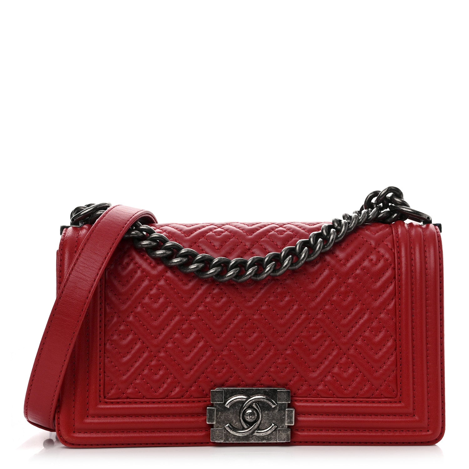 Chanel Lambskin Geometric Chevron Quilted Medium Boy Flap Red 1 of 10