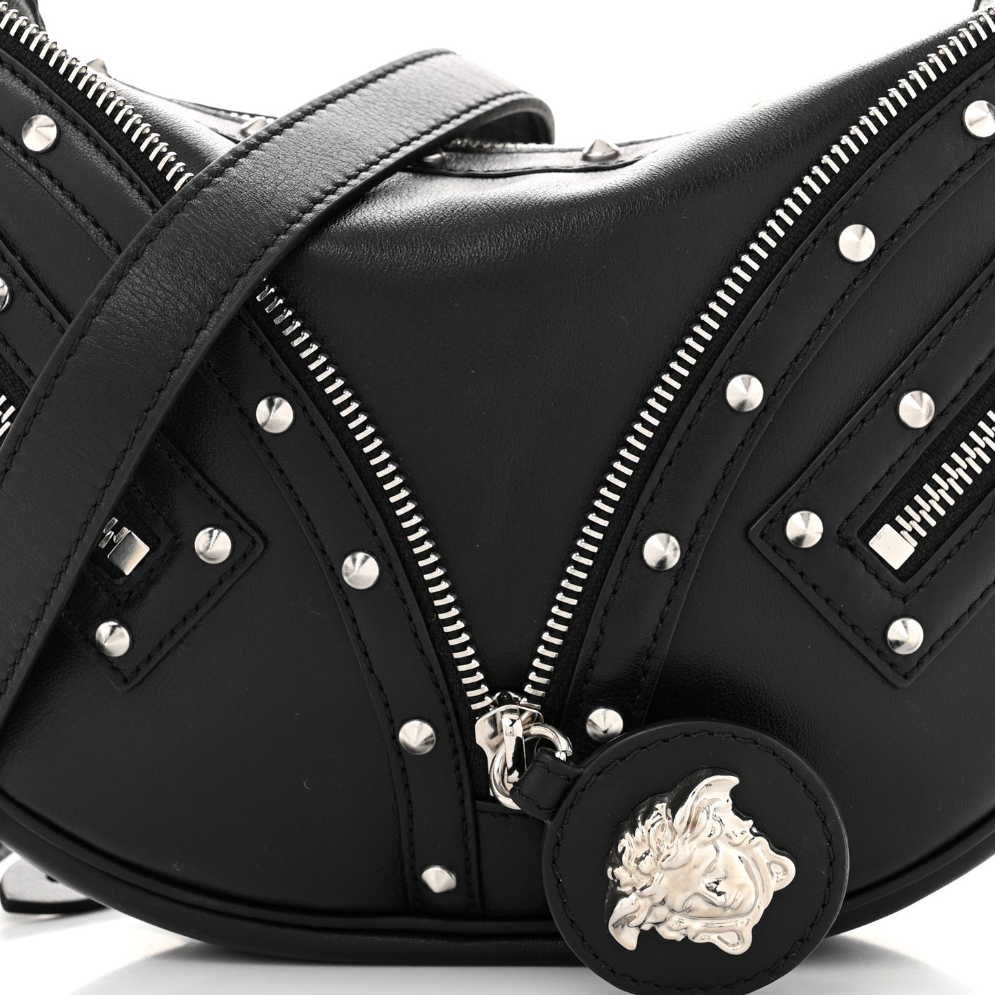 Calfskin Studded Small Repeat Zip Hobo Black