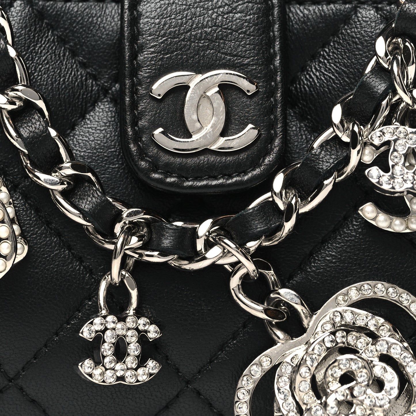 Lambskin Quilted Crystal Valentine Charms Mini Phone Holder Crossbody Bag Black