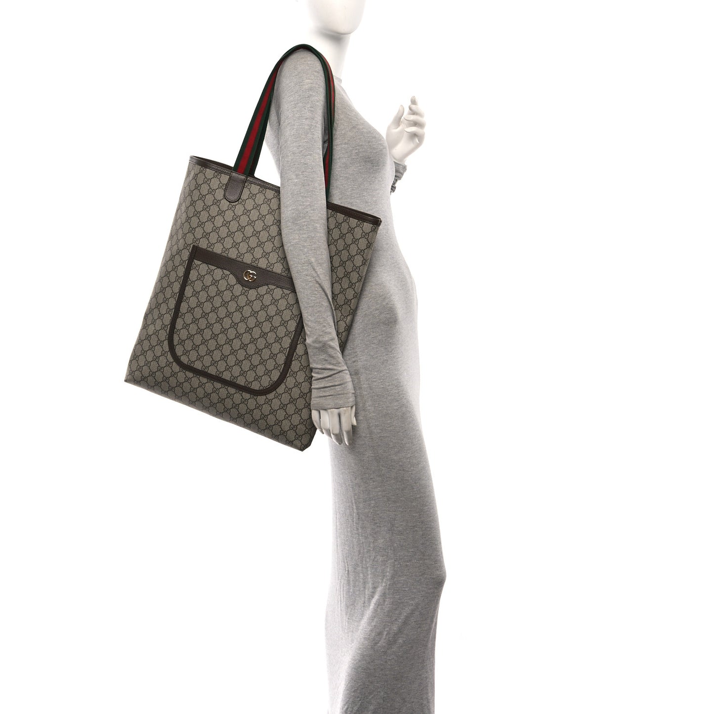 GG Supreme Monogram Web Large Ophidia Vertical  Front Pocket Shopping Tote Brown