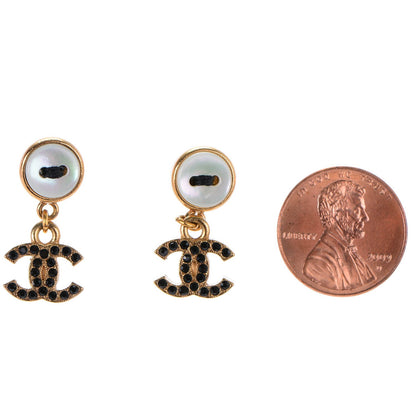 Chanel Crystal Button CC Dangle Earrings Black Gold 2 of 5