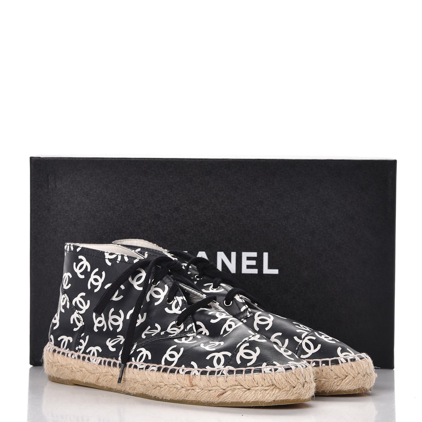 Lambskin Printed CC Lace Up Espadrilles 38 Black White