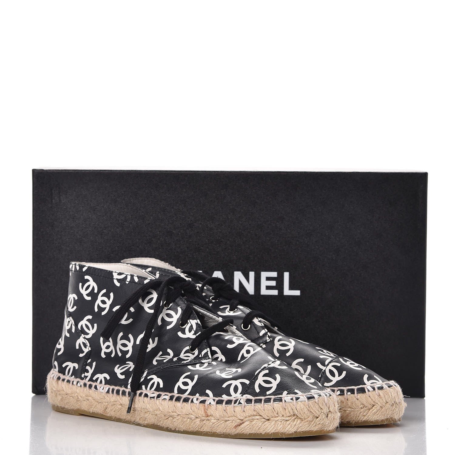 Chanel Lambskin Printed CC Lace Up Espadrilles 38 Black White 10 of 10