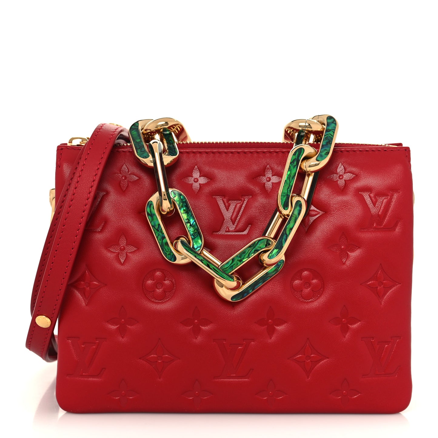 Mother of Pearl Lambskin Embossed Monogram Coussin BB Red Green