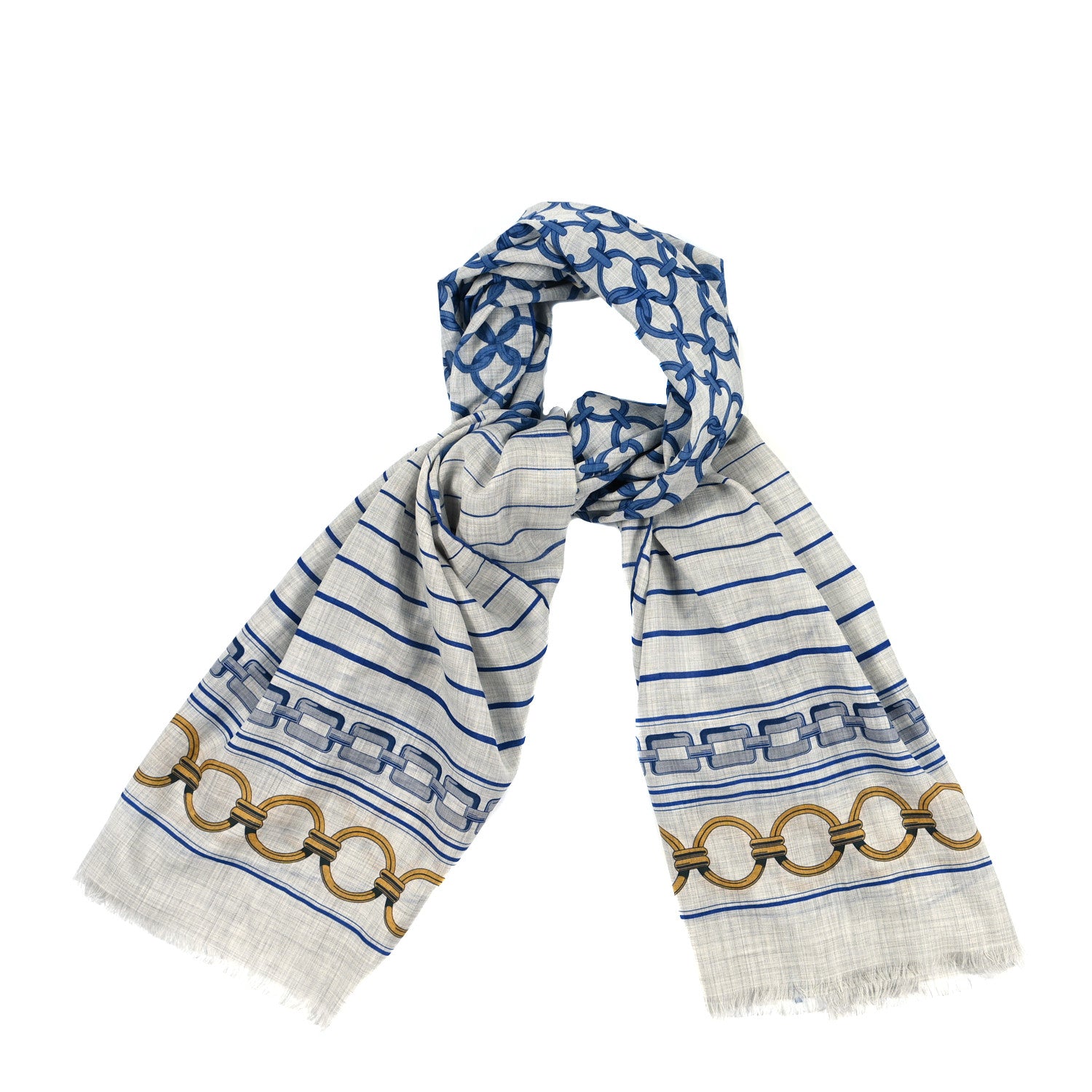 Hermes Cashmere Maillons Et Chaines Rectangle Gris Chine Marine Gold 1 of 4
