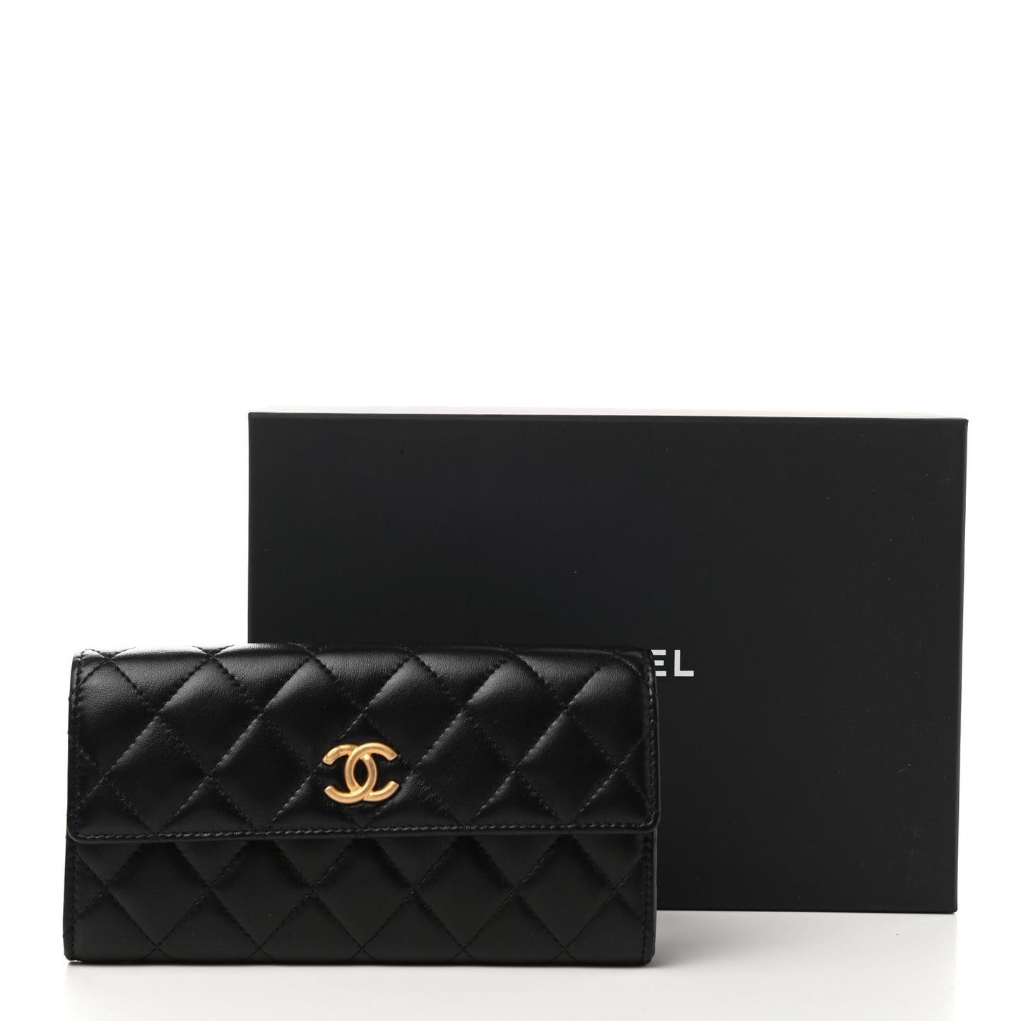 Lambskin Quilted Long Flap Wallet Black