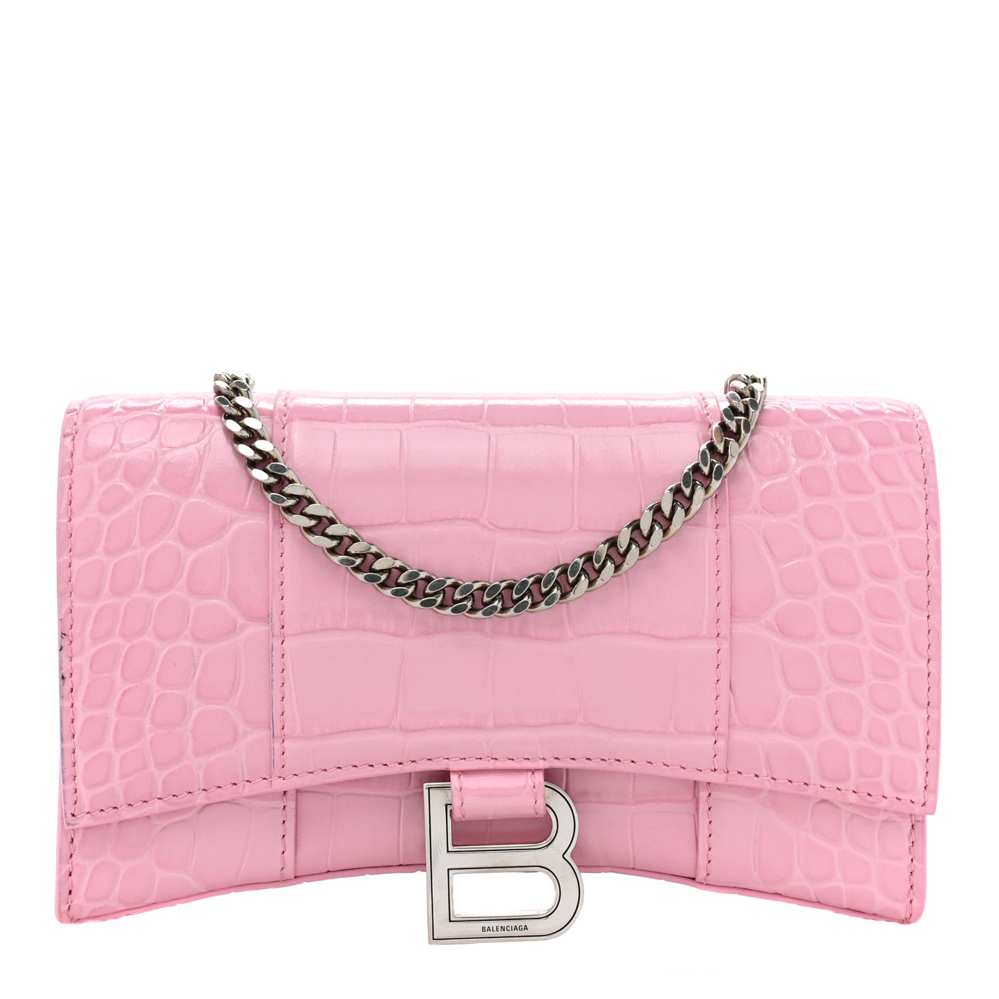 Shiny Calfskin Crocodile Embossed Hourglass Chain Bag Candy Pink