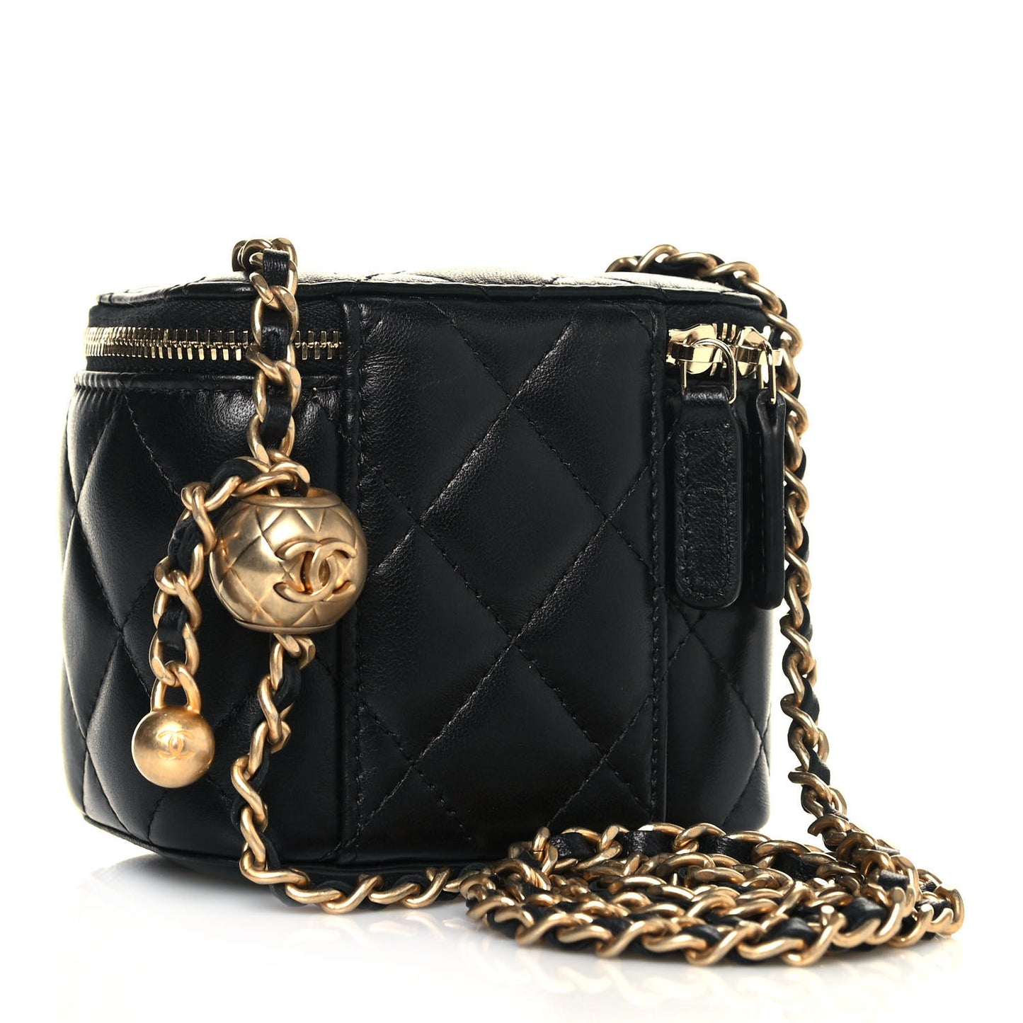 Lambskin Quilted Mini Pearl Crush Vanity Case With Chain Black